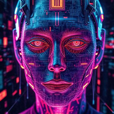 The primary subject of the image is a close-up of a woman's face, with her eyes open and her mouth closed. The setting is a futuristic environment, possibly a computer or a digital artwork. The visual style is a combination of photo and digital art, creating a unique and intriguing image. The colors and mood are predominantly purple and blue, giving the image a futuristic and mysterious atmosphere.